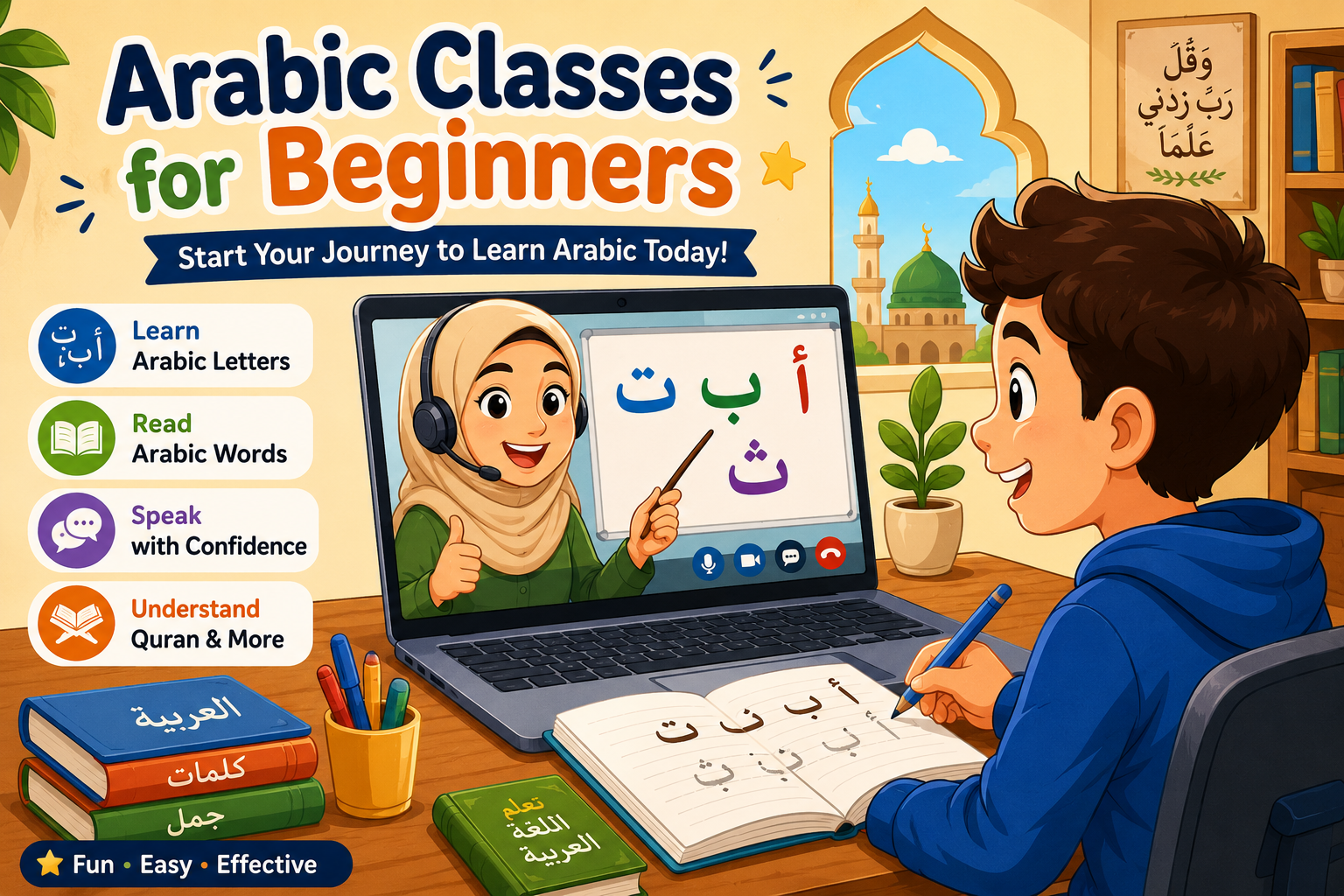 Illustrated Arabic classes for beginners poster used as the article cover.