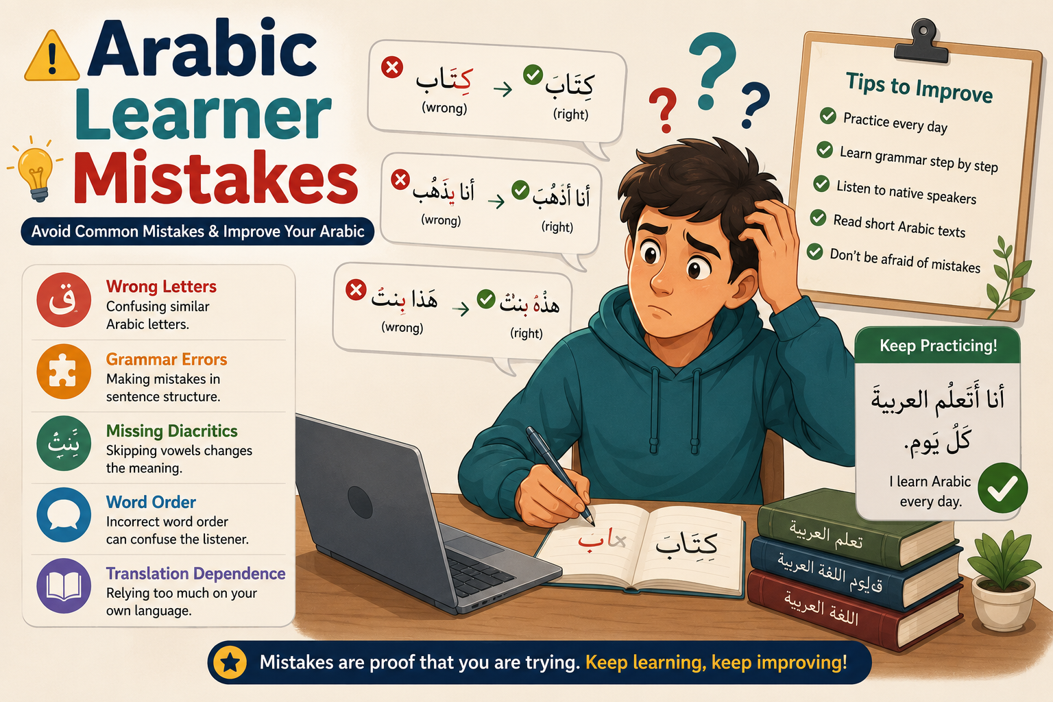 Illustrated Arabic learner mistakes poster used as the article cover.